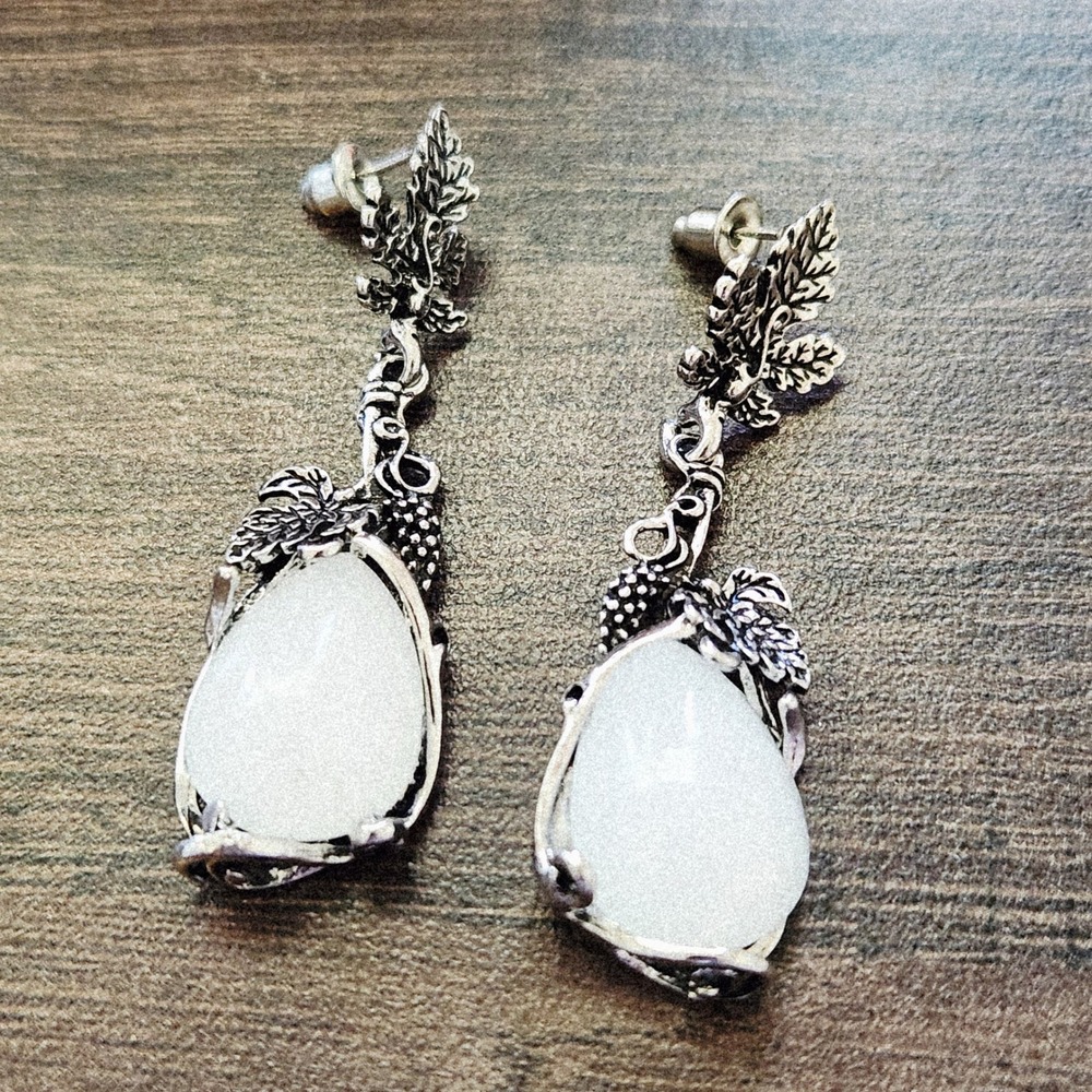 Silver Tone Grape Leaf White Teardrop Stone Botanical Drop Earrings 2.25"
